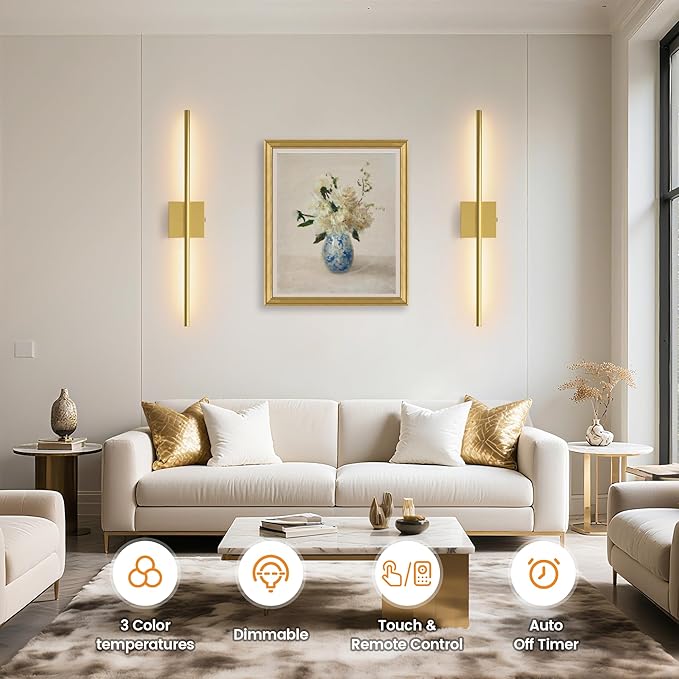 VOLISUN Battery Operated Wall Sconce Set of Two, Gold Rechargeable Wall Lights with Remote Control, 3000K-6500K Dimmable Wall Lamp, 27.6 Inch LED Wireless Wall Lights for Bedroom, Living Room,Hallway
