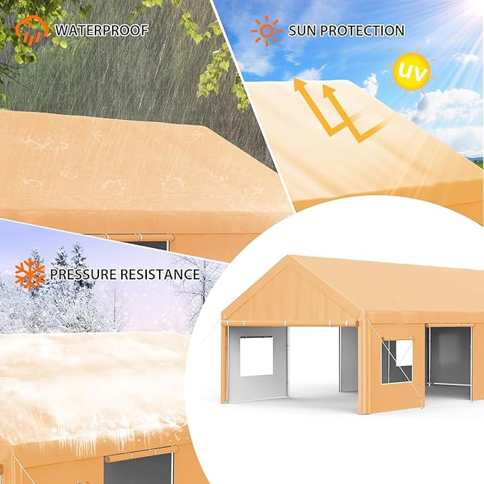 13x25FT Heavy Duty Carport, Outdoor Garage Canopy with 4 Roll-Up Doors and Mesh Windows, Large Portable Shelter Tent for Car, Truck, Boat, Party, Market