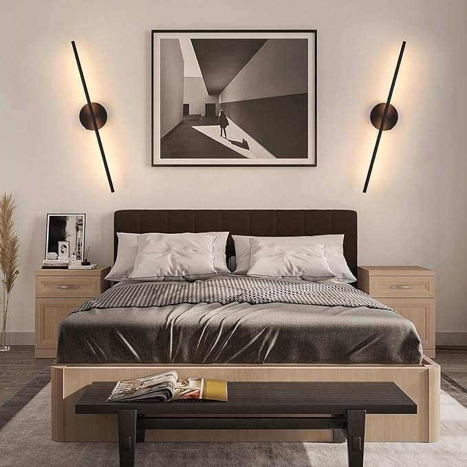 Wireless USB Rechargeable LED Wall Sconce Light (Set Of Two), Cordless Dimmable 3-light option, 360⁰ Rotateable with Remote Control for Bedroom, Bathroom, Living Room & Hallway. 28.3 inches (Black)