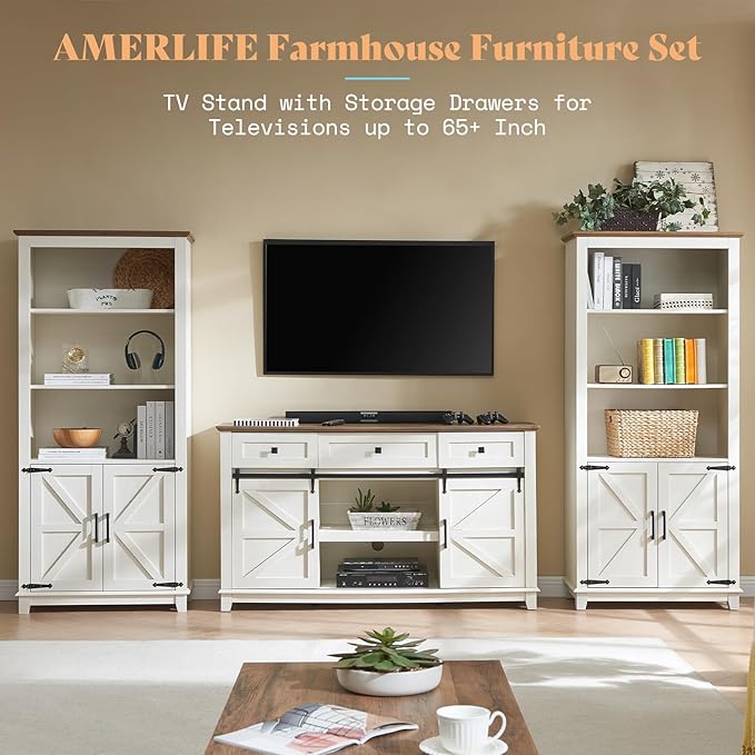 AMERLIFE Farmhouse TV Stand for Televisions up to 65 Inchs, Entertainment Center with Sliding Barn Doors and Storage Drawers, 59" TV Stand with Cabinets, Antique White