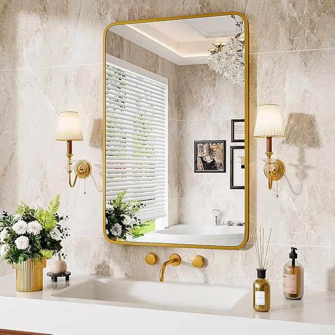 Bathroom Mirror 30" X 22" Wall Mount Dresser Metal Frame Rounded Rectangular Mirror Over Sink Vanity Hungs Horizontally Or Vertically for Bedroom, Entryway, Living Room,Gold