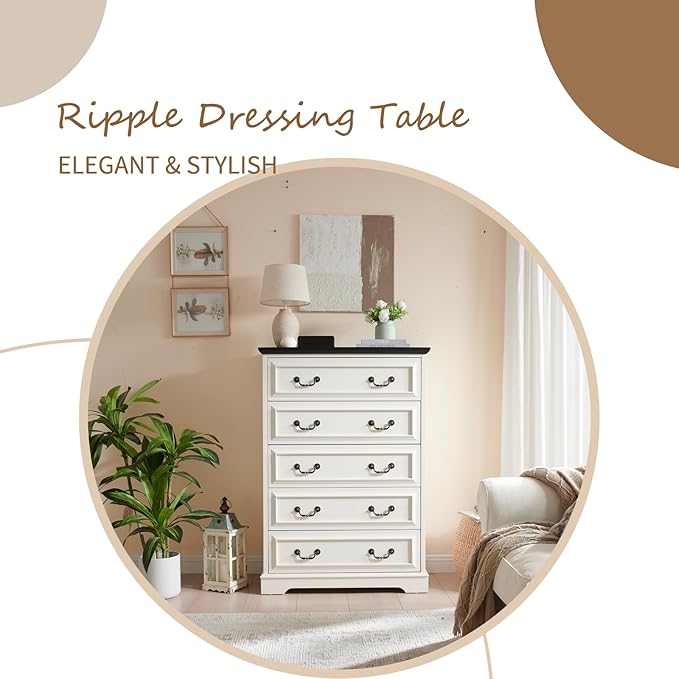 Farmhouse 5 Drawers Dresser for Bedroom, 46" Tall Modern Chest of Drawers with Metal Handle, Rustic Dresser TV Stand, Wood Drawer Organizer for Bedroom, Living Room, Hallway (White)