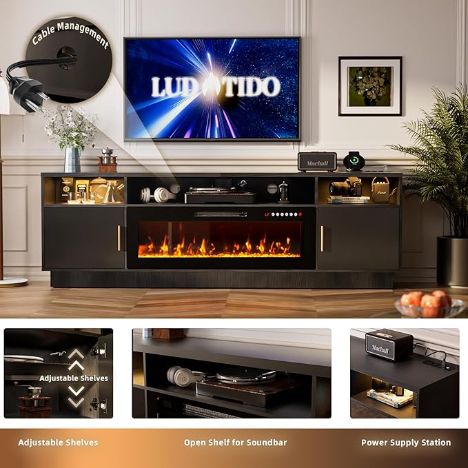 Ludatido 80 Inch Premium TV Stand with 36 inch Electric Fireplace 27 Inch high LED Light Entertainment Center Easy to Assemble for TVs Up to 90'' with USB&AC Power Interface White