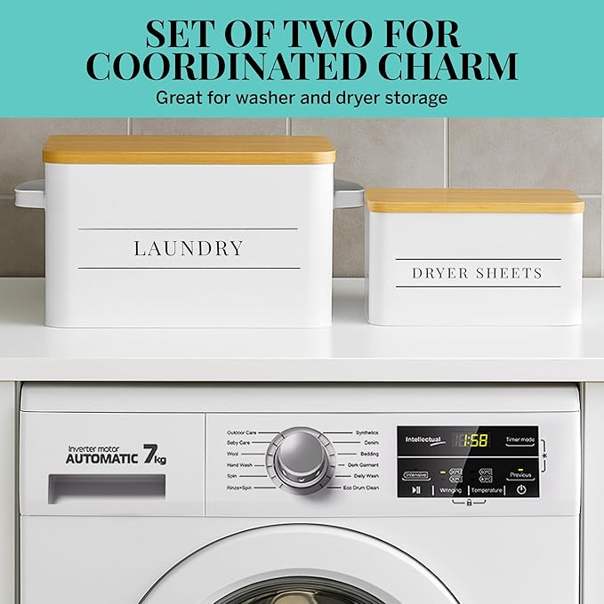 Metal Dryer Sheets Holder with Lid – Set of 2 Storage Bins for Laundry Room Organization & Home Decor – Classic White Metal Laundry Storage Containers with Lids - Sheet Organizers and Storage