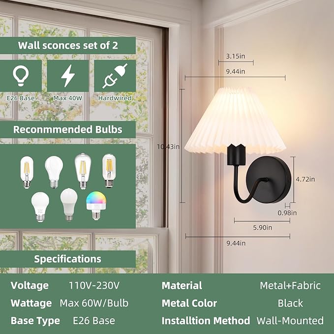 Black Wall Sconces Sets of 2, White Pleated Fabric lampshade, Indoor Gooseneck Wall Lamp Lighting, Bathroom Dresser Hardwired sconces wall decor Fixture for Living Room Bedroom Dining Room Hallway