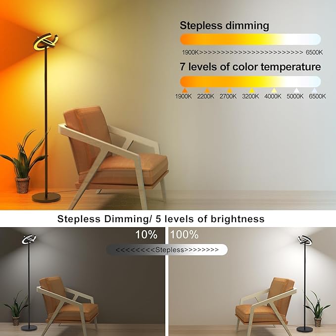 Floor Lamp for Living Room, 75.5 Inch Tall Standing Lamp for Bedroom with 2 312° Rotatable Ring Lights, 36W Bright Stepless Dimmable LED Floor Light with Remote Control for Office Dining Room