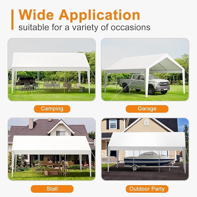 10x20ft Metal Carport Garage with PE Fabric and Galvanized Steel Frame Leg Wrap Carport for Outdoor Shelter for Cars, Trucks, and Boats - White