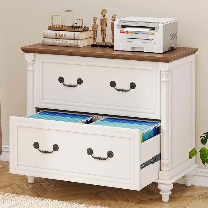 Farmhouse Lateral File Cabinet 2 Drawers File Cabinet for Legal/Letter/A4 Size Hanging Files, Large Wood File Storage Cabinets Printer Stand for Home Office Cabinet, White