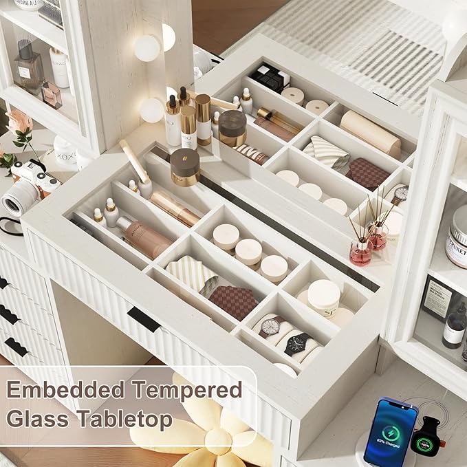 55" Fluted Makeup Vanity Desk with Large Mirror and Lights, Modern Glass Top Big Vanity Table with 9 Drawers & Open Storage Shelves, Dressing Table w/Charging Station for Bedroom, White