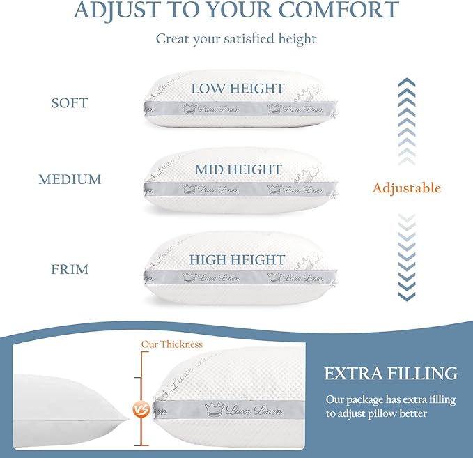 Organic Cotton Pillows Queen Size Set of 2, Shredded Memory Foam Pillows, Adjustable Bed Pillows for Sleeping, 20"x30"Organic Cotton Bed Pillows for Side, Back, Stomach Sleepers