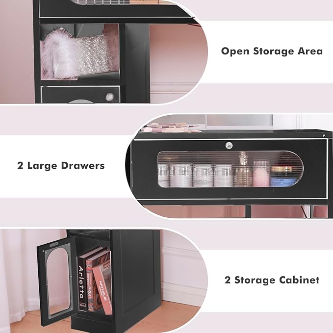 Vanity Desk with Arched Tri-Fold Mirror, Dimmable Vanity Table, LED RGB Makeup Vanity with 2 Drawers, 2 Open Storage Area & 2 Cabinets, Gifts for Girls/Women, Dressing Table (Black)