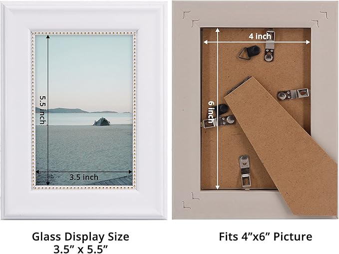 GraduationMall 4x6 Picture Frames, Real Glass, Display Photos for Wall or Tabletop, White with Gold Beads, 2-Pack