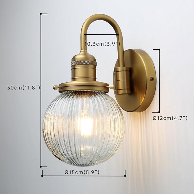 Industrial Vintage Gooseneck 1-Light Wall Sconce with 5.9" Round Ribbed Clear Glass Globe Lampshade Indoor Wall Mounted Lamp Fixture for Bedroom Living Room Bathroom Vanity