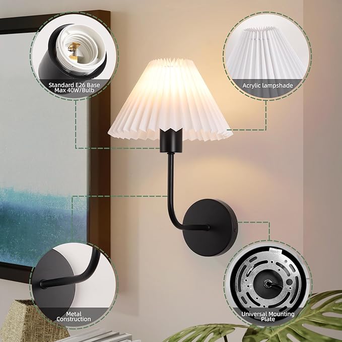 Wall Sconces Sets of 2, White Pleated Fabric lampshade, Matte Black Wall Lamp Curved Wall Lighting Bathroom Dresser Hardwired sconces wall decor Fixture Applicable to Living Room Bedroom Dining Room