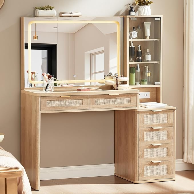 LEYAOYAO Rattan Vanity Desk with Mirror and Lights, 43.5'' Boho Makeup Vanity with 6 Drawers and Adjustable Shelves, Natural Wood Make Up Vanity Dressing Table with Glass Top, Power Outlet for Bedroom
