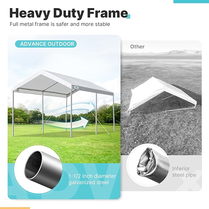 ADVANCE OUTDOOR 10x15 ft Heavy Duty Carport Potable Car Canopy Garage Party Tent Boat Shelter, Adjustable Height from 9.5 ft to 11 ft, White