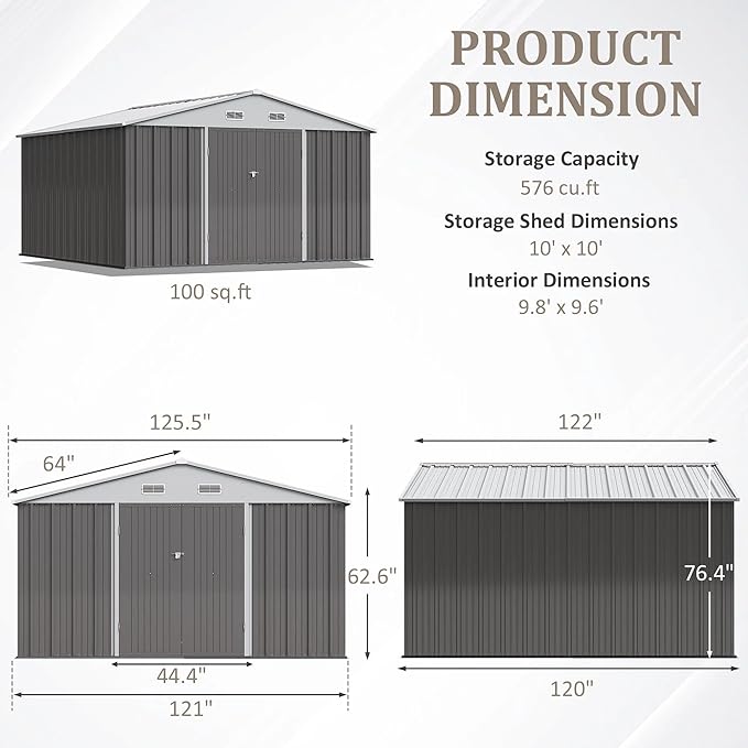 Greesum 10×10FT Outdoor Storage Shed, Metal Patio Storaged Sheds with Lockable Doors, Sheds & Outdoor Storage for Bike, Backyard, Pool and Garden, Gray
