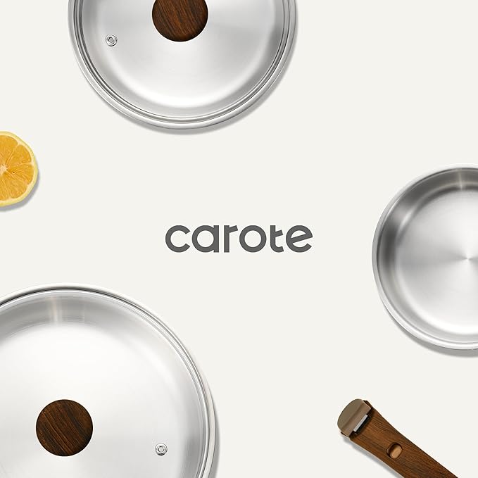 CAROTE Stainless Steel Sauce Pan with Detachable Handle, 8pcs Stainless Steel Pot, 1.5QT&2QT&3QT Saucepan with Lid, Non-Toxic Induction Kitchen Cookware, Removable Handle, Oven Safe, Woodgrain