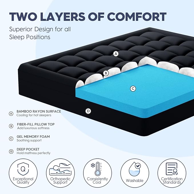 ELEMUSE Dual Layer 3 Inch Memory Foam Mattress Topper Queen Size, 2 Inch Cooling Gel Memory Foam Plus 1 Inch Down Alternative Pillowtop Mattress Pad with Cooling Cover, Soft Comfort Support,Black