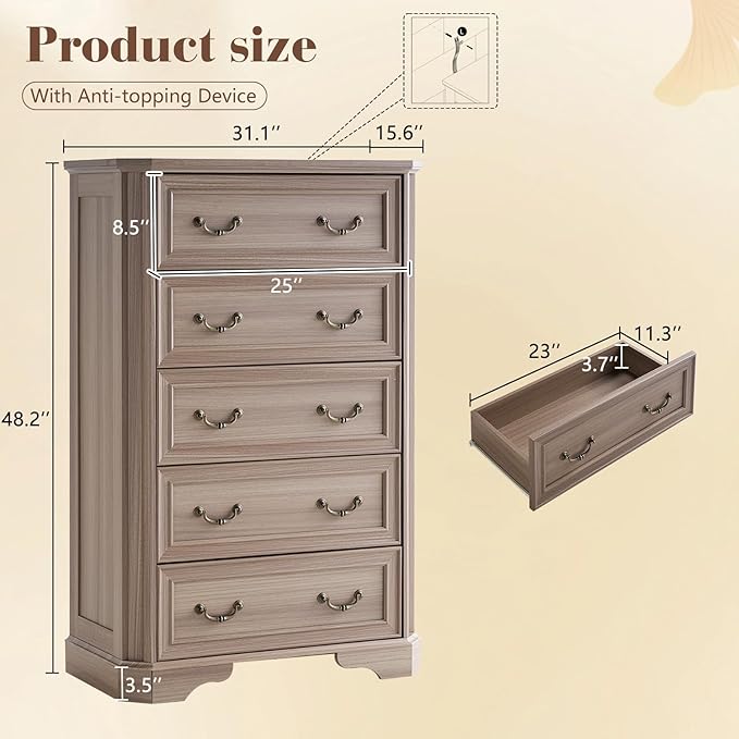 Farmhouse 48" Tall 5 Drawers Dresser for Bedroom, Wood Rustic Chest of Drawers with Corner Bevel Shape, Closet Storage Dressers Organizer for Bedroom, Living Room, Hallway, Grey Walnut