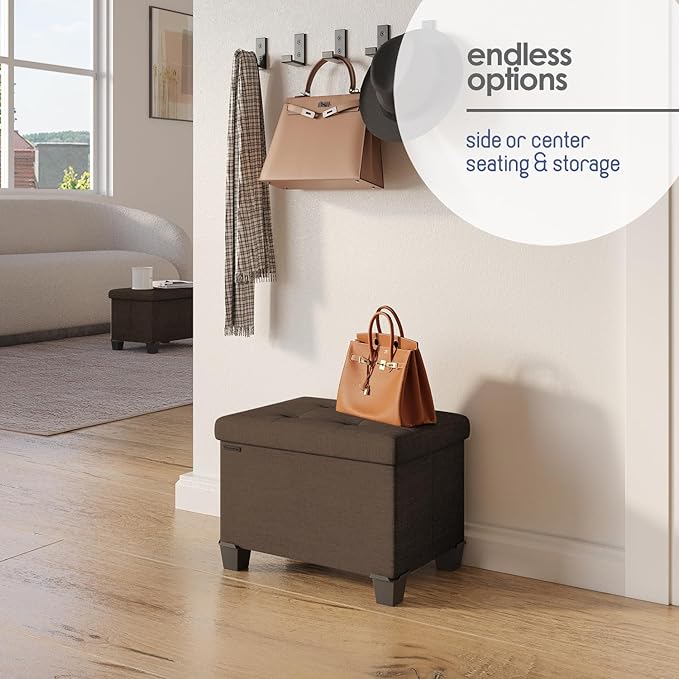 STORAGEBUD Storage Ottoman Cube with Small Bin, 16-in Square Ottoman with Storage for Living Room and Bedroom, Small Ottomans Foot Rest, Fabric Foot Stools Ottomans Max 330lbs, Brown