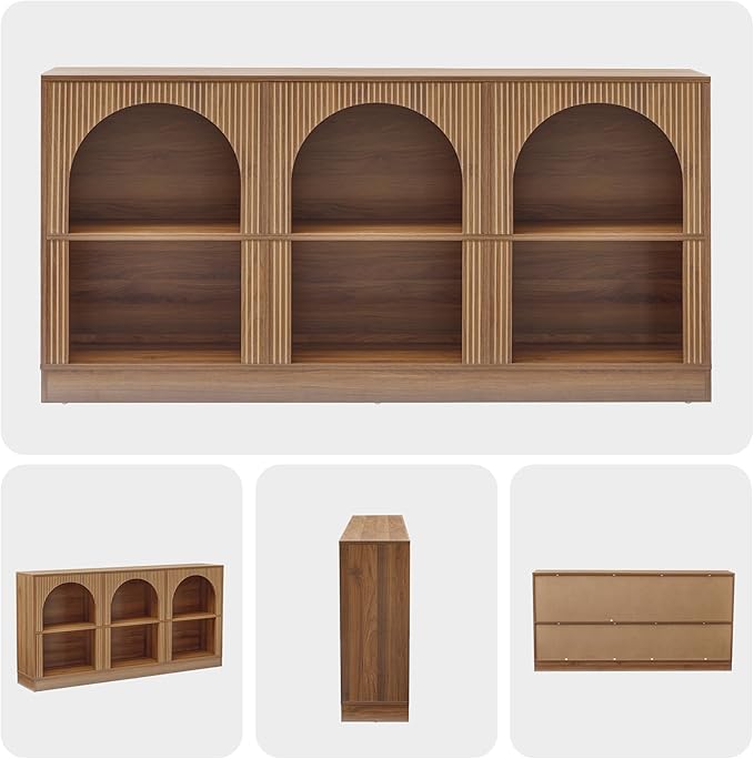 Console Table with 3-Tier Open Storage, 63" Arched Entryway Table with Carved Fluted Panels, Rectangular Wooden Sofa Table for Living Room, Hallway, or Behind Couch (1, Walnut)