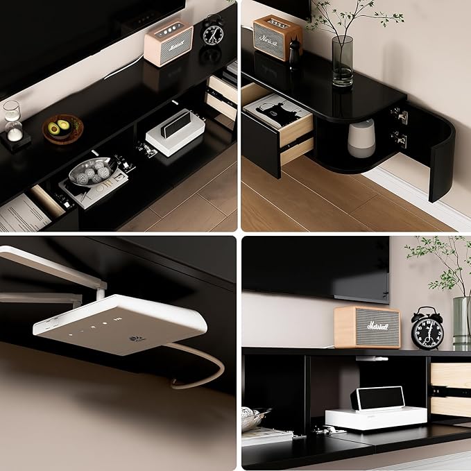 Floating TV Stand,Wall Mounted TV Shelf,Modern Entertainment Center Media Console with Storage for Bedroom,Living Room (Black-Led, 63IN)