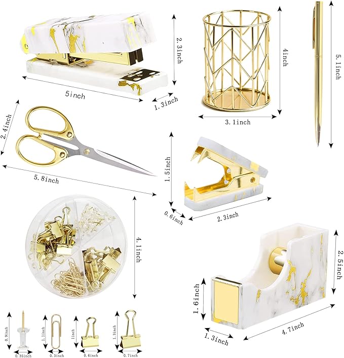 Gold Marble Desk Accessories, Office Supplies Set Stapler Set Staple Remover, Tape Holder, Pen Holder, 2 Ballpoint Pen, Scissor, Binder Clips, Paper Clips and 1000pcs Staples.