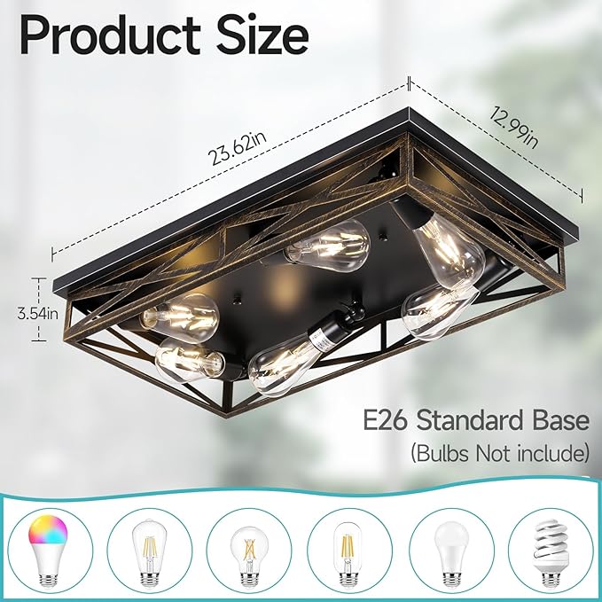 Farmhouse Rustic Ceiling Light for Kitchen, 6-Light Hallway Flush Mount Light Fixtures Ceiling Mount,23" Industrial Metal Cage Ceiling Light for Farmhouse,Kitchen,Hallway E26 Base(1 Pack)