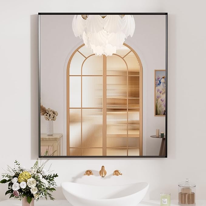 Black Bathroom Vanity Mirror 32x36 Inch, Rectangle Matte Black Bathroom Mirror, Square Corner, Tempered Glass, Bedroom, Living Room, Entryway, Wall Mounted(Vertical/Horizontal)