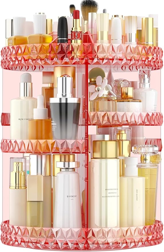 360 Rotating Makeup Organizer, DIY Adjustable Cosmetics Organizer[Patented Product], Professional Acrylic Make Up Caddy Shelf Storage Perfume, Lipsticks, Makeup Brushes or Accessories (Pink)