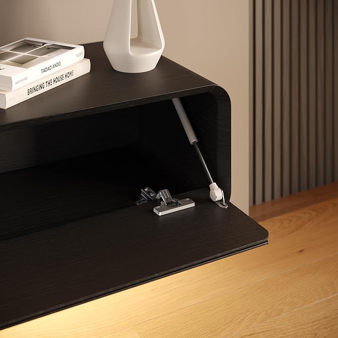 Minimalist Floating TV Stand with LED Lights, Modern Wall-Mounted Media Console with 4 Flip-Down Cabinet Doors for 85 Inch TV, Fully-Assembled, Black Oak, 94"