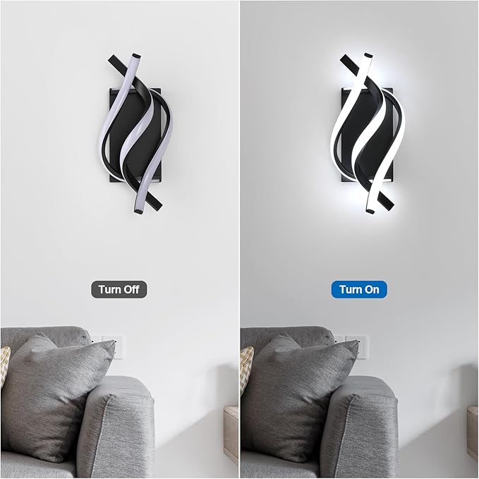 Modern LED Wall Sconce 21W Indoor Wall Sconces Light Cool White 6500K Spiral Design Wall Mounted LED Lamp for Bedroom Stairwells Living Room Hallway Office (Black, 6500K)