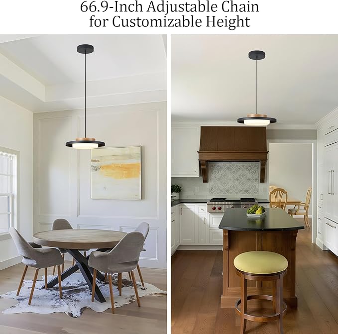 Dimmable Pendant Lights,15 inch,Natural Wood Cap,3000K/Warm White/22W,LED Pendant Light Fixtures for Kitchen, Dining Room, Living Room,Black