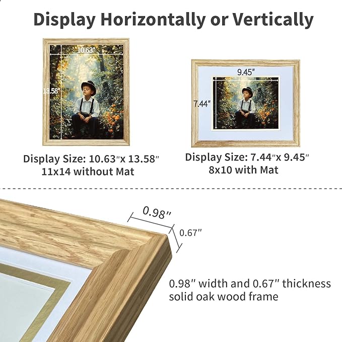 11x14 Picture Frame Matted to 8x10, 8*10 Picture Frame with Mat ,11*14 Solid Oak Wood Picture Frames Vertical & Horizontal Wall Hanging Display，11 by 14 Premium Photo Frame with Real HD Tempered Glass , Oak Color, 1 Pack