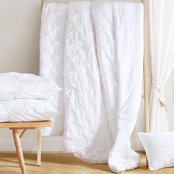 Comfort Spaces Comforter for Queen Size Bed, Ogee Ruched with Crinkle Texture, Breathable Comforter Set Queen, All Season Lightweight Bedding Set, Shams, Décor Pilow, Full/Queen White 4 Piece