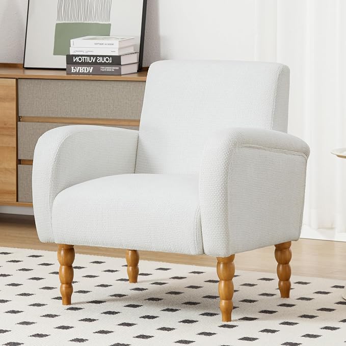 Accent Armchair Set of 2, Mid-Century Modern Living Room Chairs with Gourd-Like Shape Wooden Legs, Chenille Upholstered Single Sofa Reading Chair for Living Room Bedroom Guest Room,White