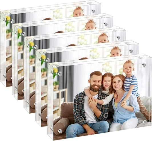 5x7 Acrylic Picture Frames 5 Pack, 10+10MM Premium Acrylic Photo Frame Magnetic Picture Frames Clear Double Holder-Sided, Free Standing Desktop Display, Best Gift for Family, Baby, Friend