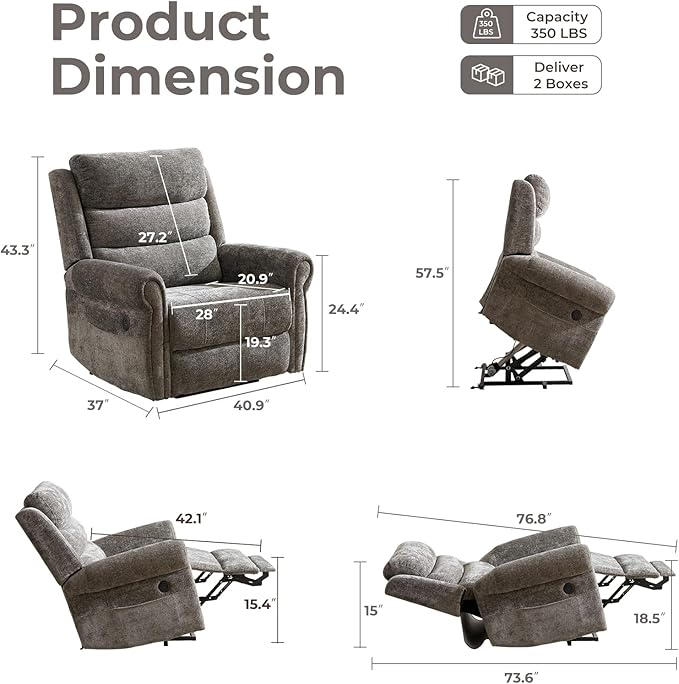 Power Lift Recliner Chair for Elderly with Adjustable Headrest, Oversized Lay Flat Recliner with Massage and Heat,28" Extra Wide Lift Chair for Big and Tall , Infinite Position,Extended Footrest, Grey