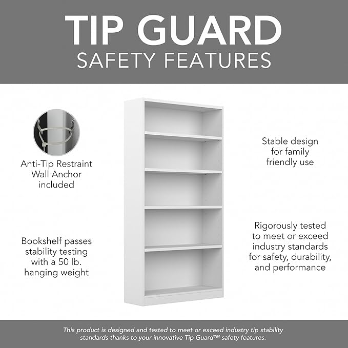 Bush Furniture Universal Tall 5 Shelf Bookcase in White, Vertical Storage and Display Bookshelf for Home Office or Living Room Organization