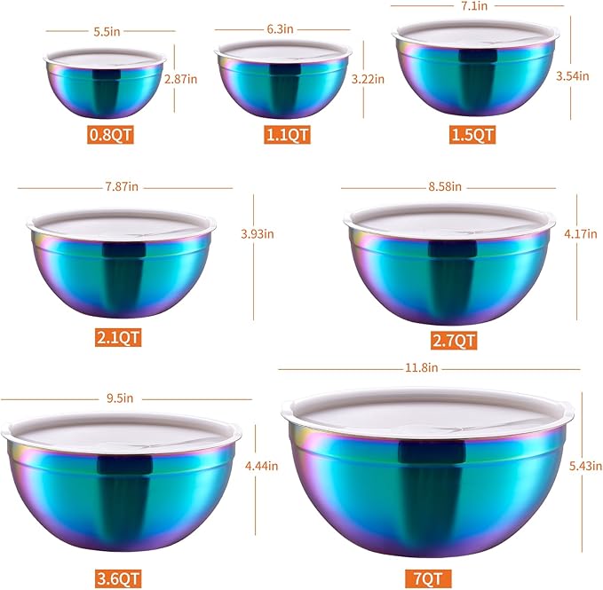 Colorful Mixing Bowls with Airtight Lids, Stainless Steel Nesting Mixing Bowls Set of 7, Ideal for Baking, Prepping and Serving Food, Size 7, 3.6, 2.7, 2.1, 1.5, 1.1,0.8 QT, Stackable Design