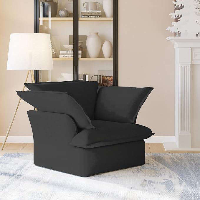 JACH Modern Comfy Couch Chair with Thick Cushion, Couch Single Accent Chair Deep Seat Sofa Couches, Hemp Velvet Sofas Furniture for Small Spaces Living Room Bedroom Office Apartment (Black)