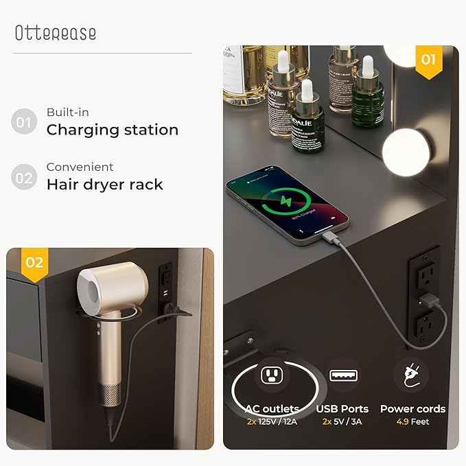 Vanity Desk with LED Lighted Mirror&Power Outlet, 3 Lighting Colors Makeup Vanity Desk with 5 Large Drawers and 3 Storage Shelves, Black Vanity Dresser with Storage Stool for Bedroom