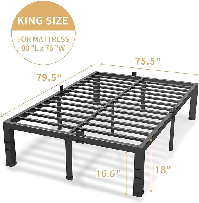 King Size Bed Frame - 18 Inches Heavy Duty Metal Platform Bed Frame No Box Spring Needed, Easy Assembly, Noise Free Bedframes Include Mattress Slide Stopper