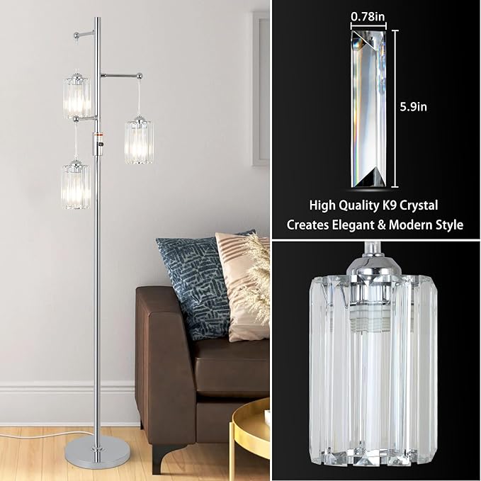 Modern Crystal Floor Lamp for Living Room, 3 Lights Dimmable Standing Lamp, Industrial Silver Tree Lamp with Crystal Shade, Dimmer Switch, 65" Tall Corner Lamp for Bedroom Reading, Chrome