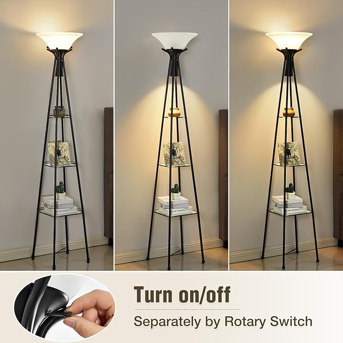 Floor Lamp with Shelves, 69” Tall Torchiere Floor Lamps for Living Room, 3-Tier Glass Shelf Lamp, Black Standing Lamp with Plastic Shade, Lamps for Bedroom, Office, 3 Color Temperatures Bulb Include