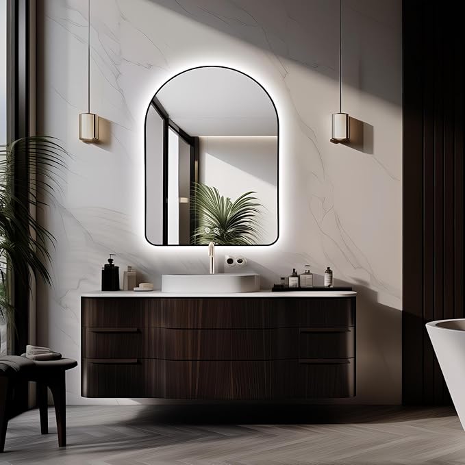 Niccy Arched LED Lighted Bathroom Mirror, 40x30 Inch Backlit Vanity Bathroom Mirror with Lights Brushed Black Framed Wall Mounted Mirrors with 3 Color Shatterproof Arch Smart Fog Free Mirror
