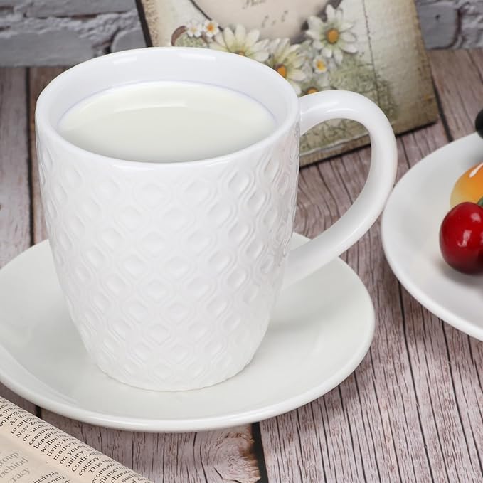 Schliersee 16 OZ Coffee Mugs Set of 6, White Ceramic Coffee Mug, Geometric Pattern Coffee Cups for Latte, Hot Tea, Cappuccino, Mocha, Cocoa, Espresso cups