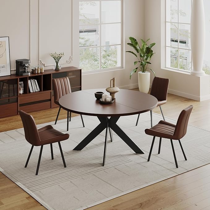 45.3" Walnut Round Dining Table Set with 4 Chairs – Mid-Century Modern Small-Space Kitchen & Dining Room Furniture for Apartment or Breakfast Nook (Walnut – Table + 4 Brown Chairs)