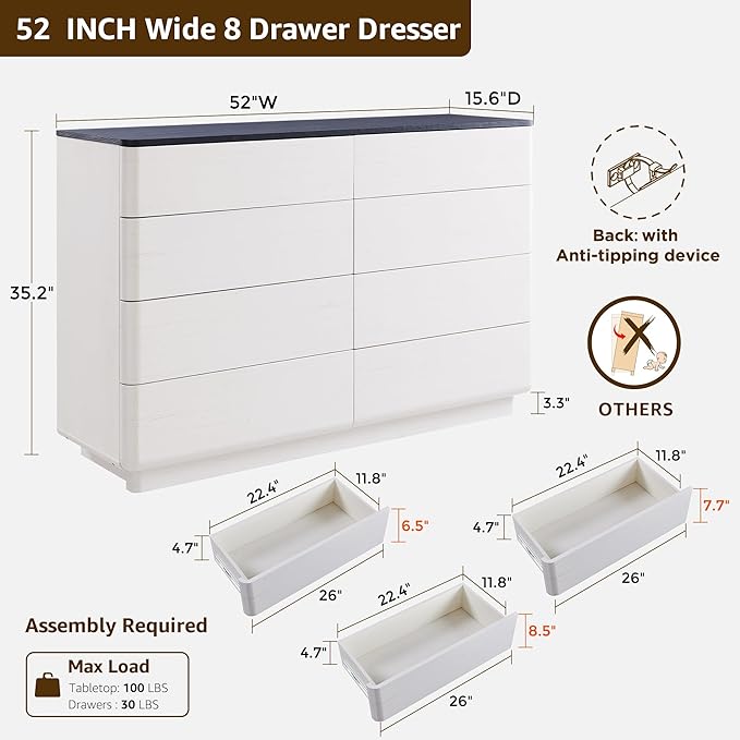 8 Drawer Dresser for Bedroom, 52 Inch Wide Modern Chest of Drawers, Push-to-Open Wood Storgae Organizer with Large Drawers for Bedroom, Living Room, Hallway, Off White